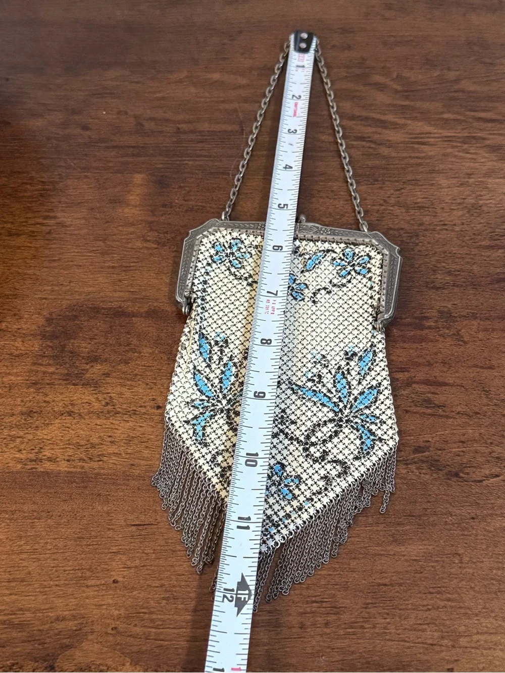 Antique Mandalian Mesh Enamel Flapper Purse Floral w/ Fringe